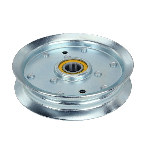 Flat metal idler pulley with sealed bearing designed for tools and home improvement use in equipment maintenance