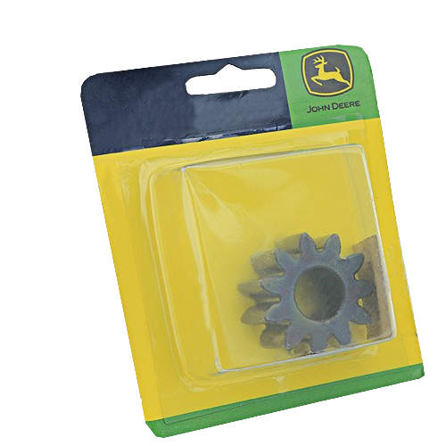 Metal pinion gear with 10 teeth in clear plastic packaging for John Deere mower parts and accessories use