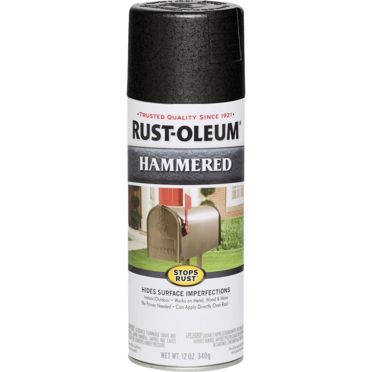 Rust-Oleum hammered black metallic spray paint can with rust-preventative finish for home improvement projects.