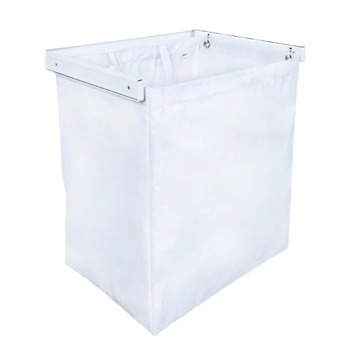 White fabric hamper bag with sturdy frame for versatile storage and organization in dorm and home spaces