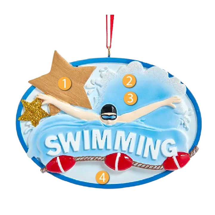 Personalized star-shaped swimming ornament with swimmer figure and buoy decorations in Christmas collection under $50