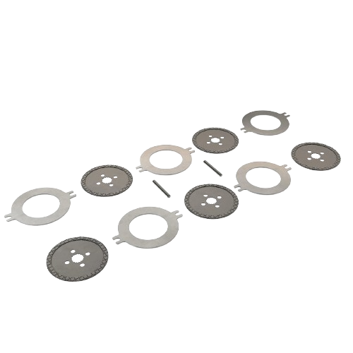 Set of steel disk brake components including circular plates and pins for John Deere parts and lubricants collection