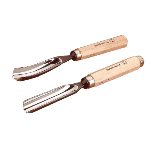 Two wooden-handled bent carving gouges with polished metal blades for woodworking tools and home improvement use