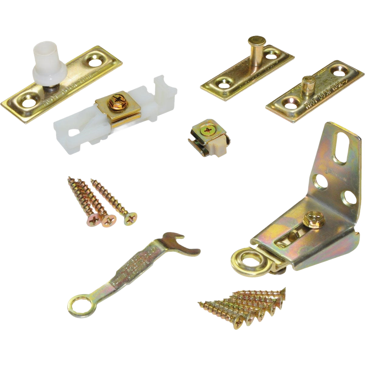 Metallic folding door hardware components with screws for bi-fold door repair in home improvement and hardware collections under $50