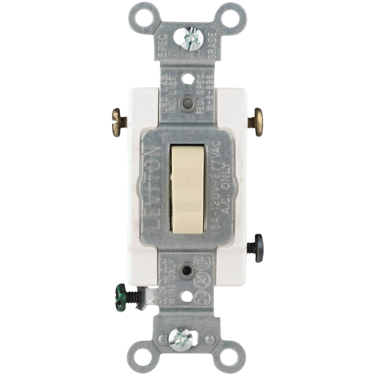 Ivory toggle switch with grounded metal frame designed for quiet 15A 3-way electrical applications in home improvement