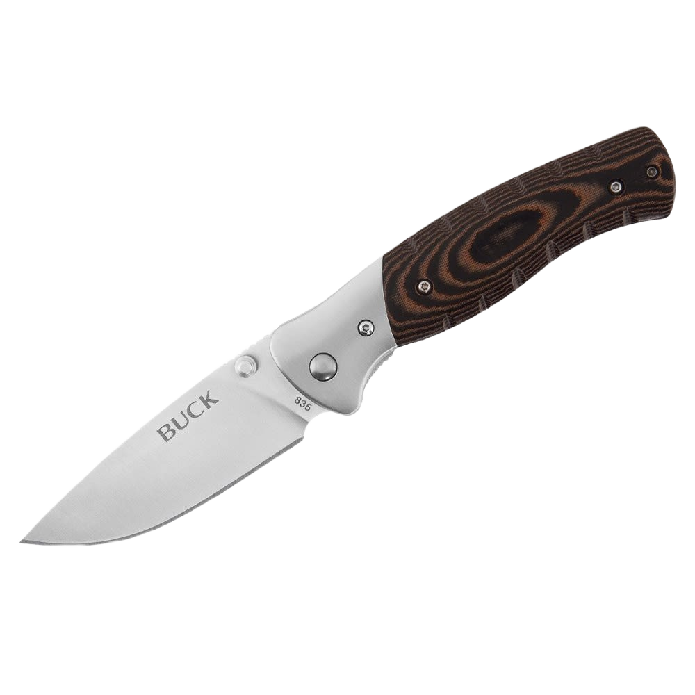 Small folding knife with stainless steel blade and dark wood grain handle for precision cutting and outdoor tasks