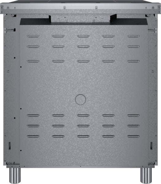 Back view of stainless steel induction freestanding range showing ventilation slots and adjustable legs