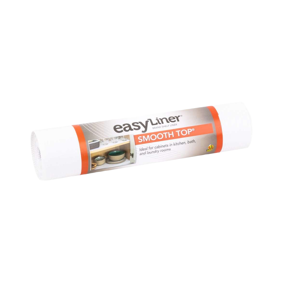 Rolled white smooth top shelf liner for cabinets and drawer organization in kitchenware and storage collections