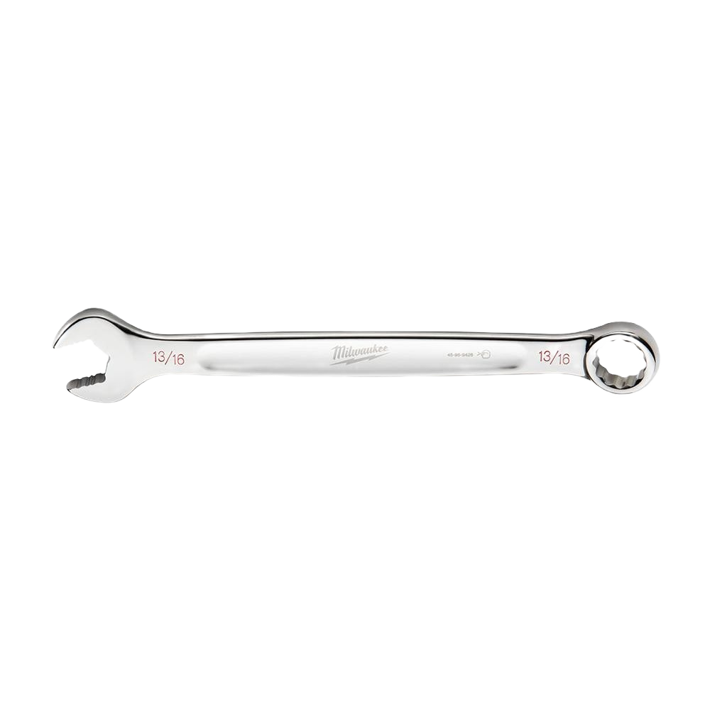Polished combination wrench with 13/16 inch SAE size for precision tightening in tools and home improvement tasks
