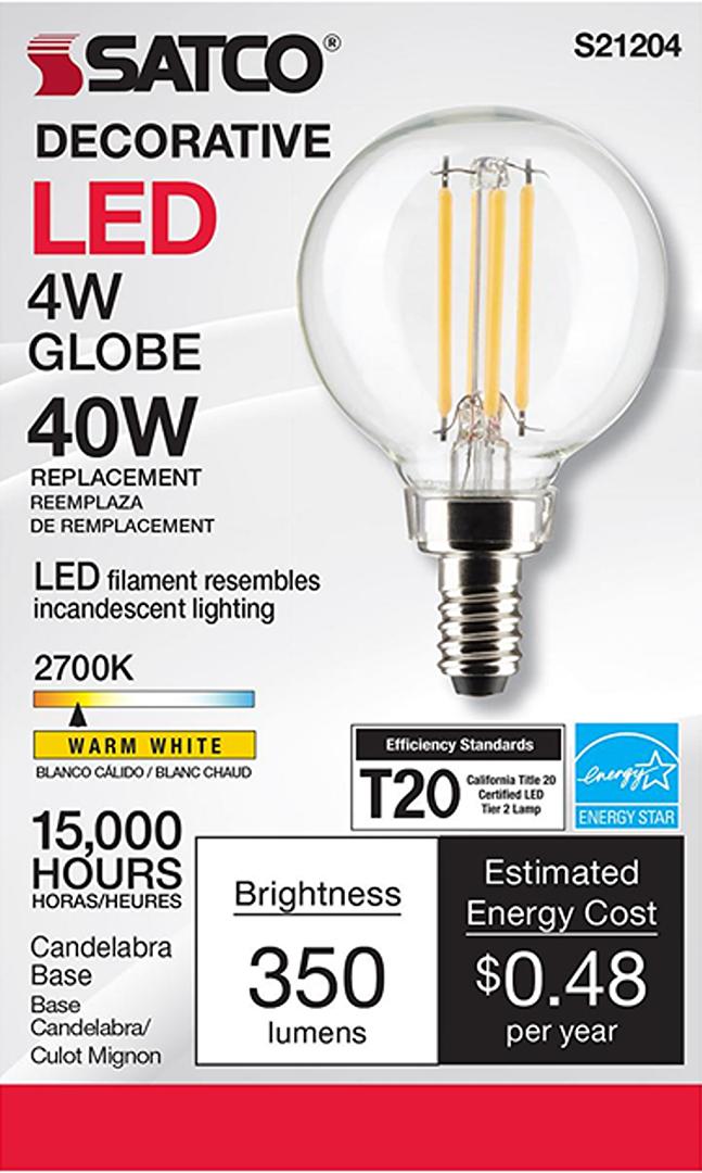 Clear decorative LED globe bulb with candelabra base, warm white 2700K light, 350 lumens for home lighting and electrical use