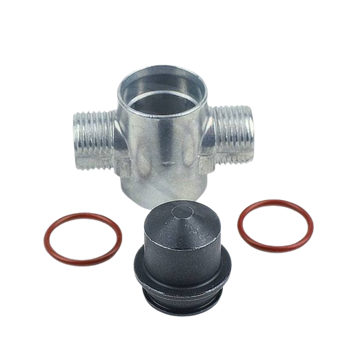 Metal nozzle housing with threaded ends, black rubber cap, and two rubber O-rings for tools and home improvement tasks