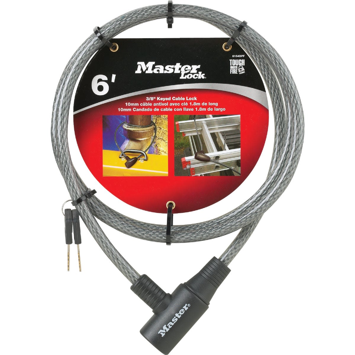 Steel braided 6-foot keyed cable lock with black integrated locking mechanism for tools and home security applications