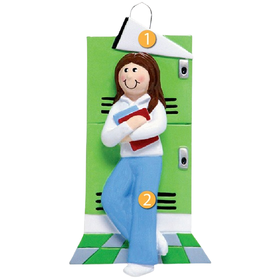 Brown-haired female figurine holding books leaning against green lockers for Christmas Ornaments & Tree Decorations under $50