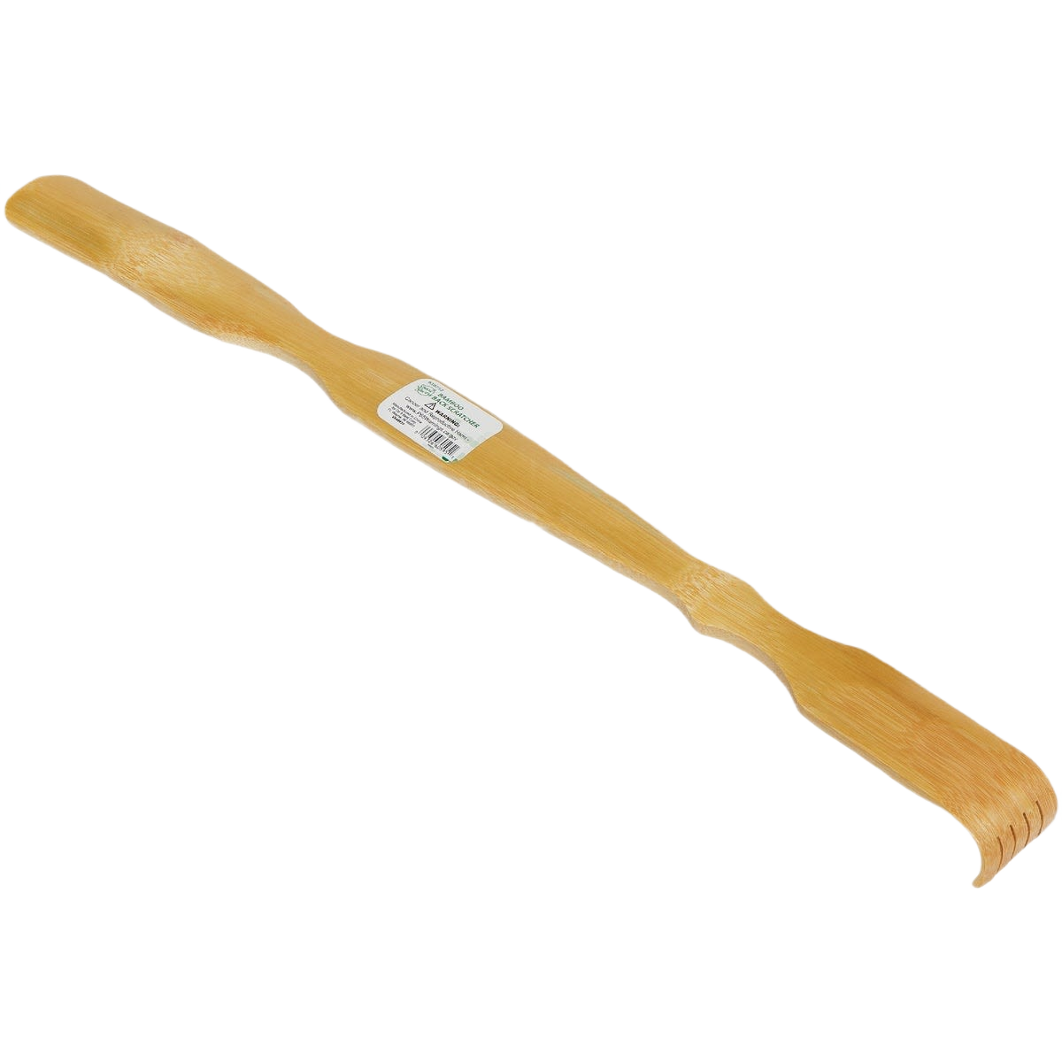 Long bamboo back scratcher with curved claw end and smooth handle for personal comfort and home use