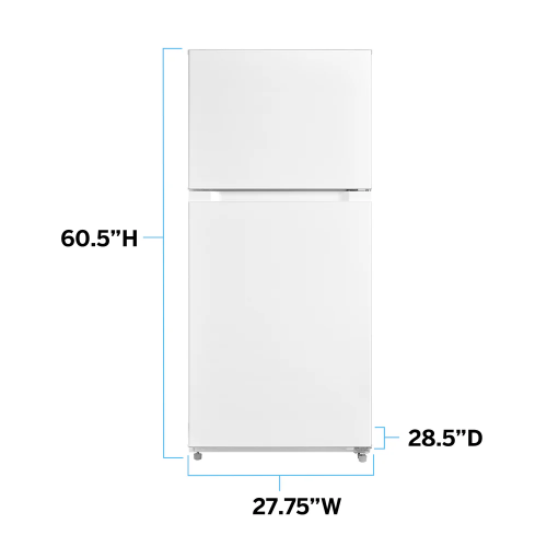 White freestanding top freezer refrigerator with simple design and compact dimensions in kitchen appliances collection