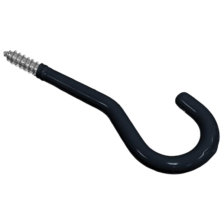 Black vinyl coated screw hook with threaded tip designed for versatile use in tools and home improvement projects