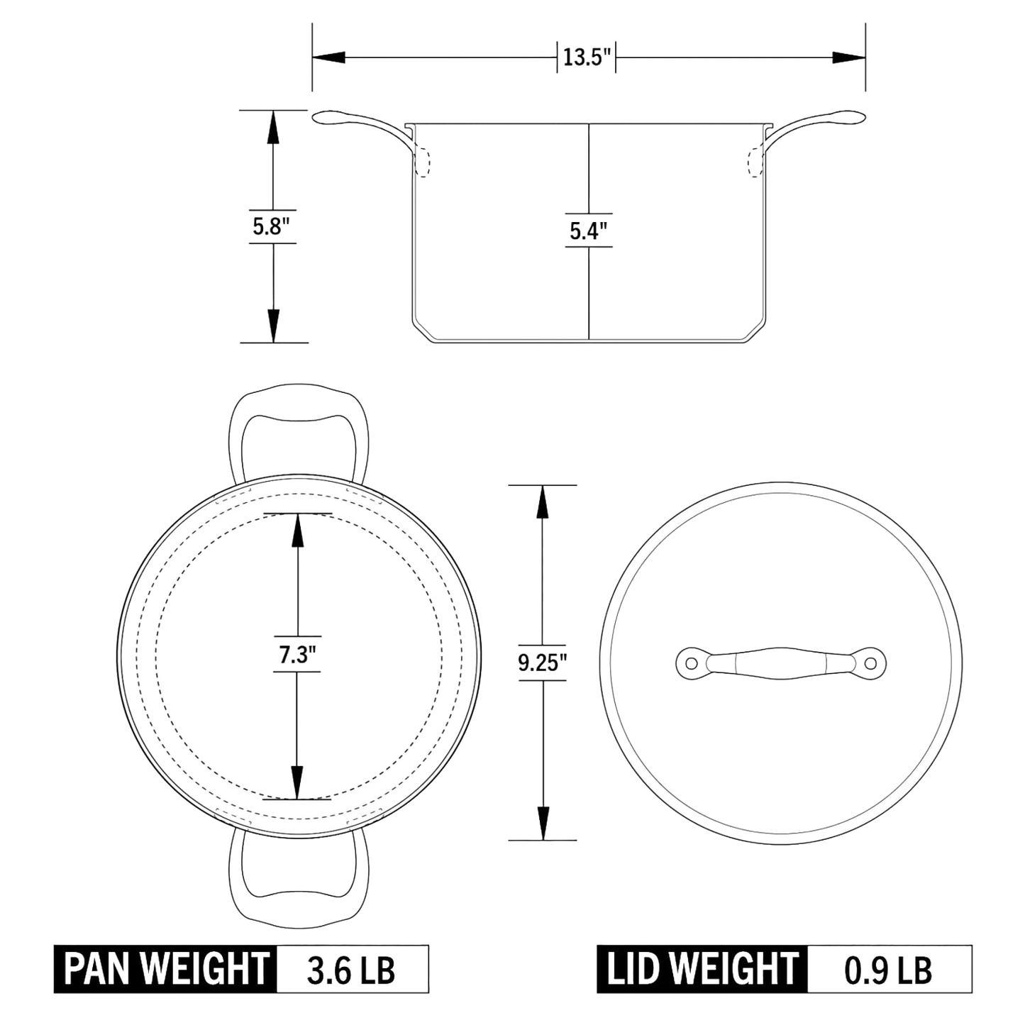 Technical drawing of a fully clad steel 5-quart sauce pot and lid with dimensions and weight details for kitchenware collections.