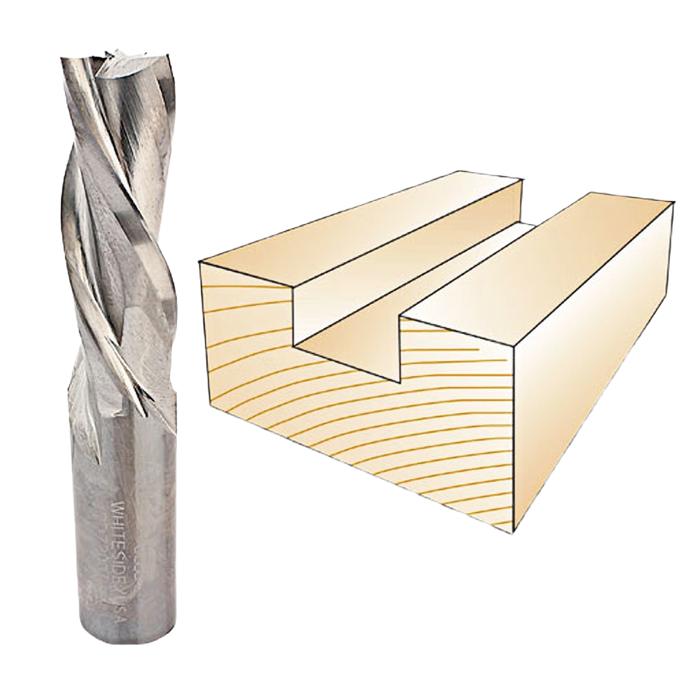 Three flute spiral downcut bit next to a wood piece with a clean, precise groove for tool accessories and home improvement