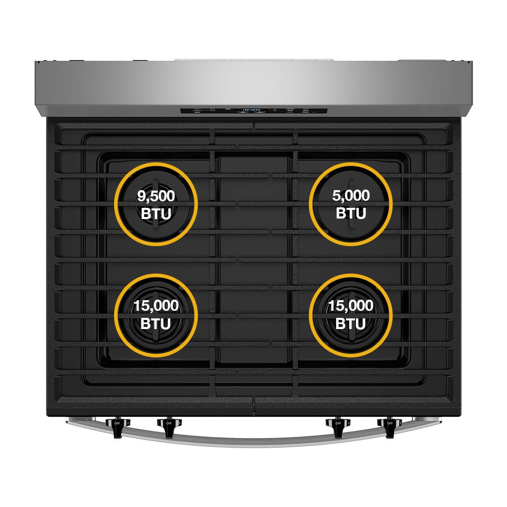 Top view of stainless steel 30-inch gas range showing four burners with BTU power levels in kitchen appliance collection