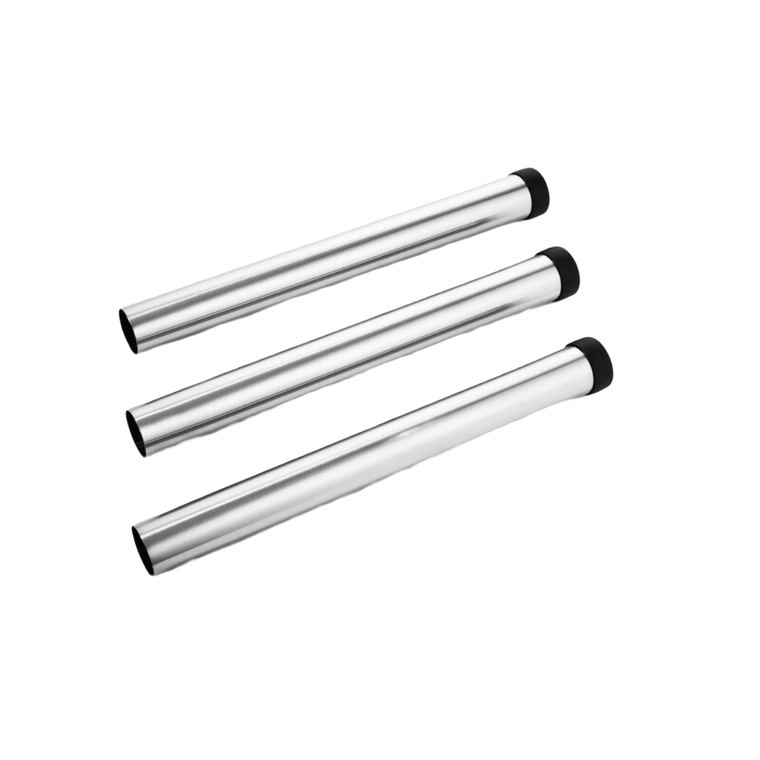 Three stainless steel extension tubes with black end caps for dust management and woodworking tools under $100 category