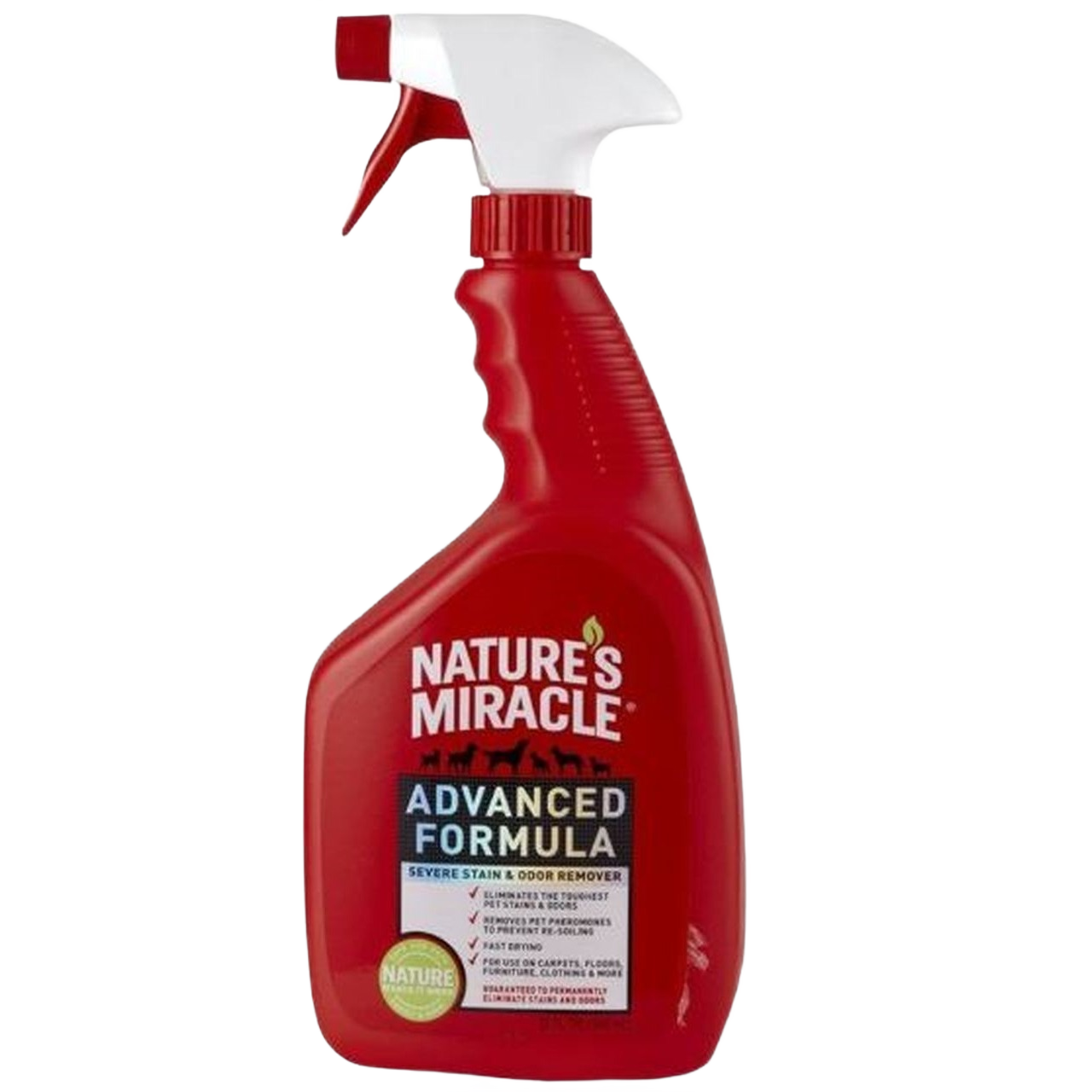 Red spray bottle of Nature's Miracle Advanced Formula for stain and odor removal in home cleaning tasks