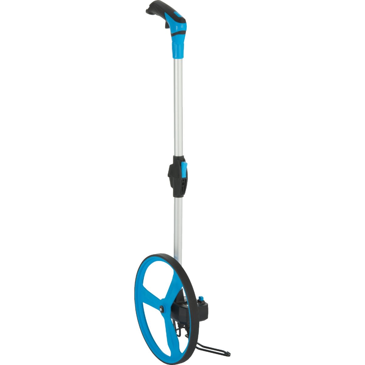 Blue and aluminum measuring wheel with ergonomic grip and folding handle for precise distance measurement in hand tools collection