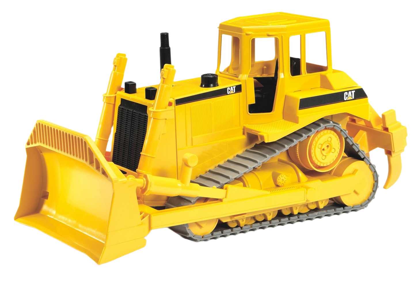 Yellow Bruder Caterpillar bulldozer toy with detailed tracks and front blade for realistic construction and home improvement play