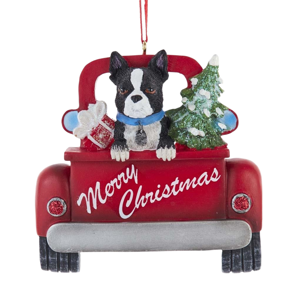 Resin Christmas ornament featuring Boston Terrier in red truck with tree and gift for holiday decor