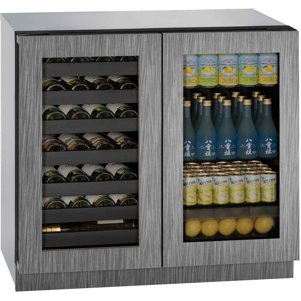 36-inch dual compartment beverage center with French doors, adjustable shelving, and wood grain finish in kitchen appliances collection