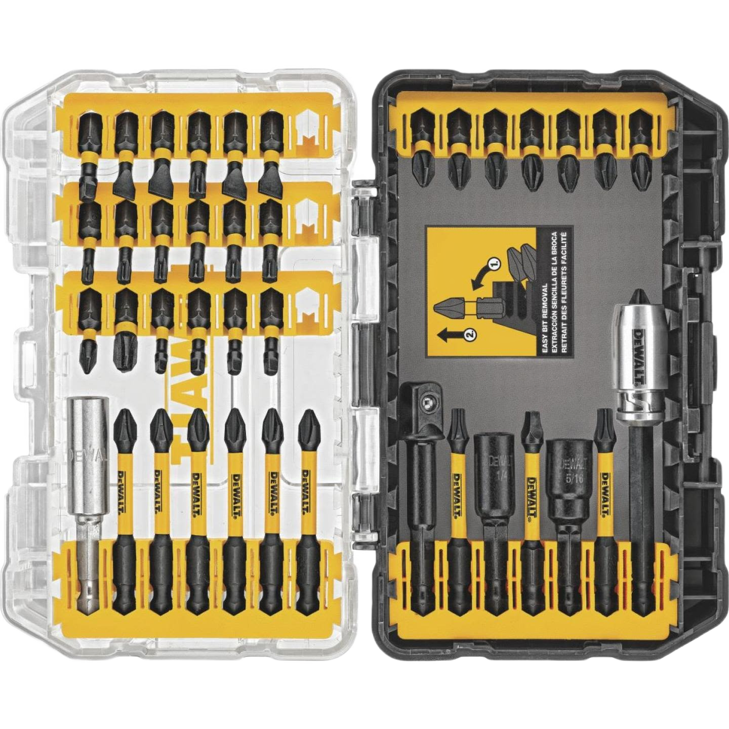 Compact DEWALT drill bit set with impact driver bits in yellow and black tough storage case for tool accessories collection