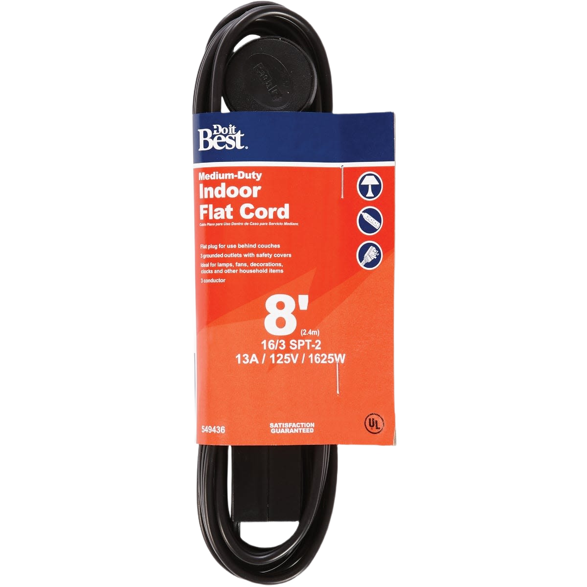 Black flat extension cord with 8-foot length and indoor use designation for home improvement projects