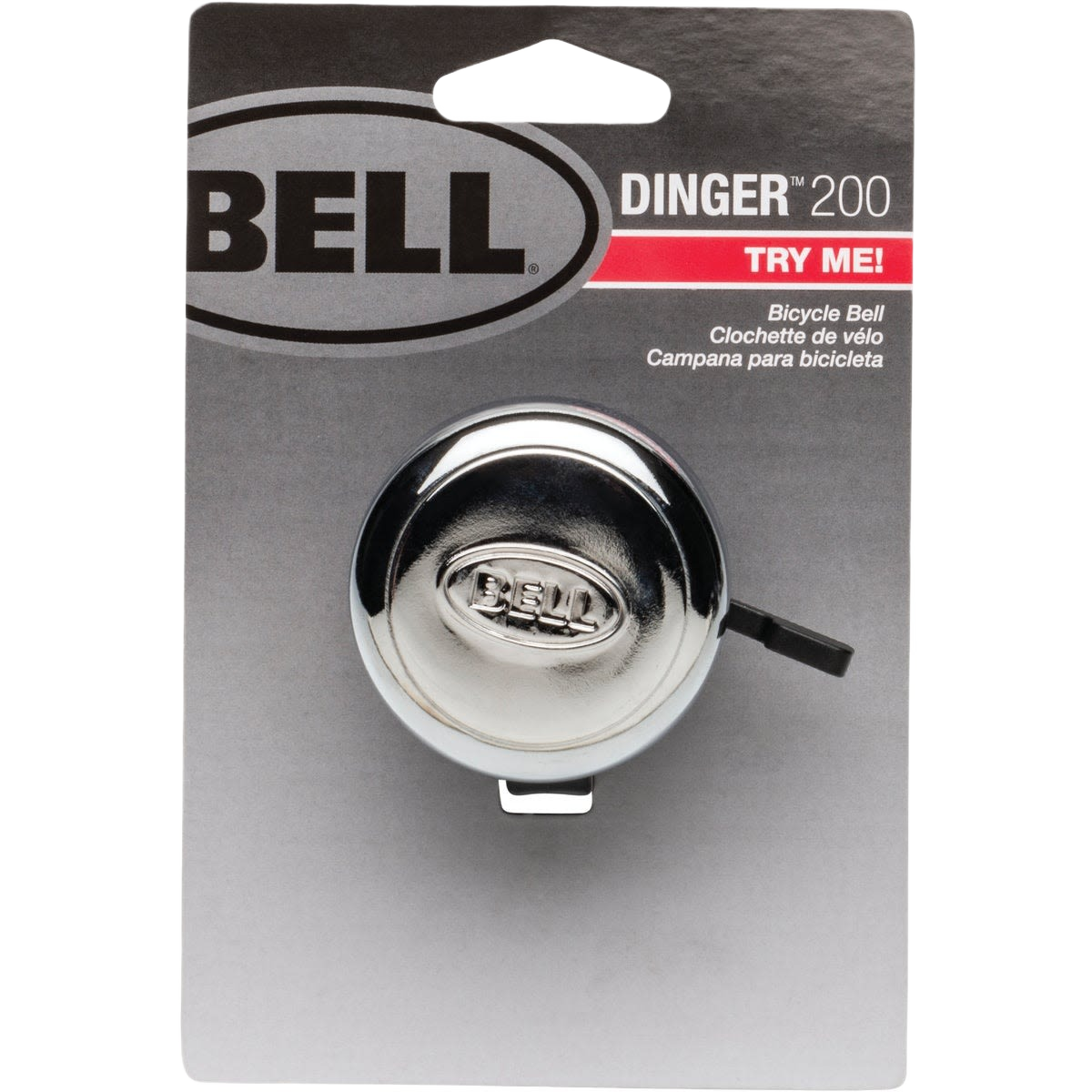 Chrome-plated bicycle bell with classic design on gray branded packaging for bicycles and accessories under $25