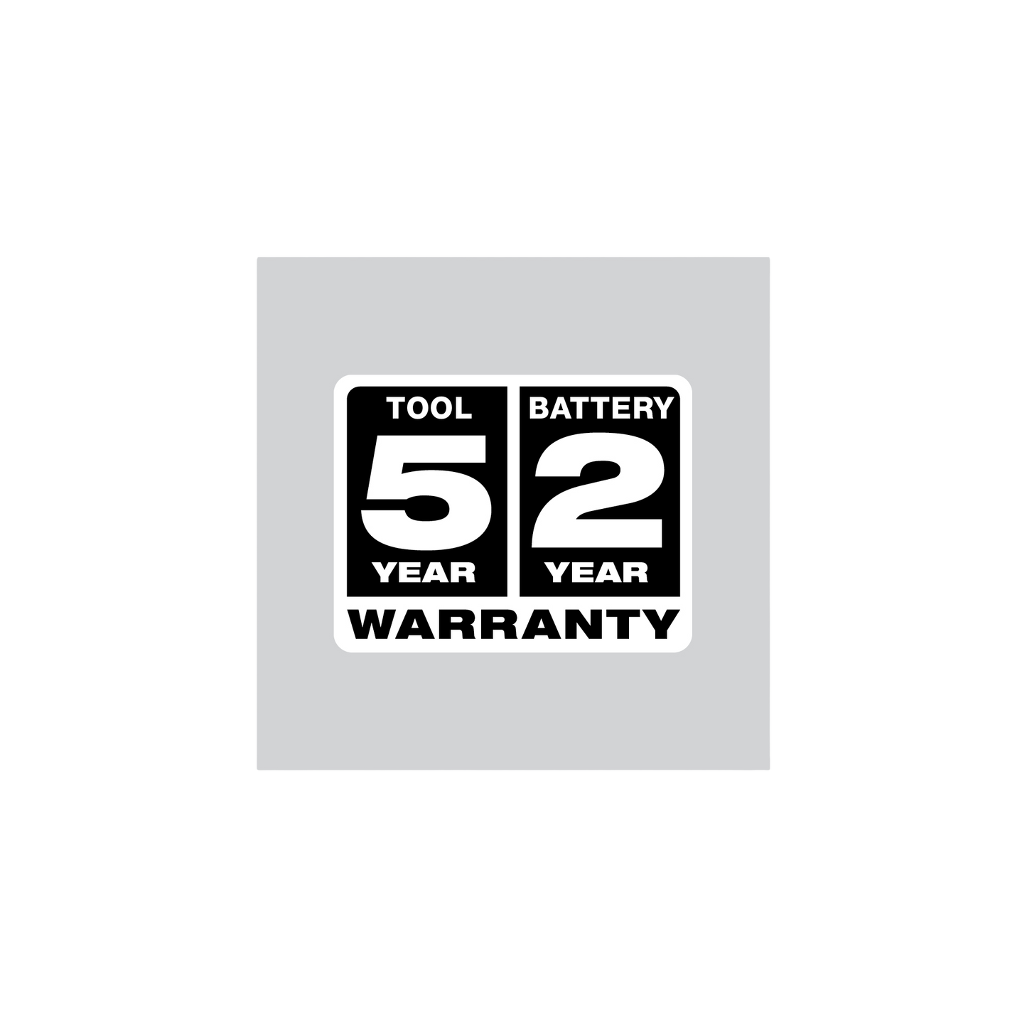 Five-year tool warranty and two-year battery warranty badge for power tools and home improvement products