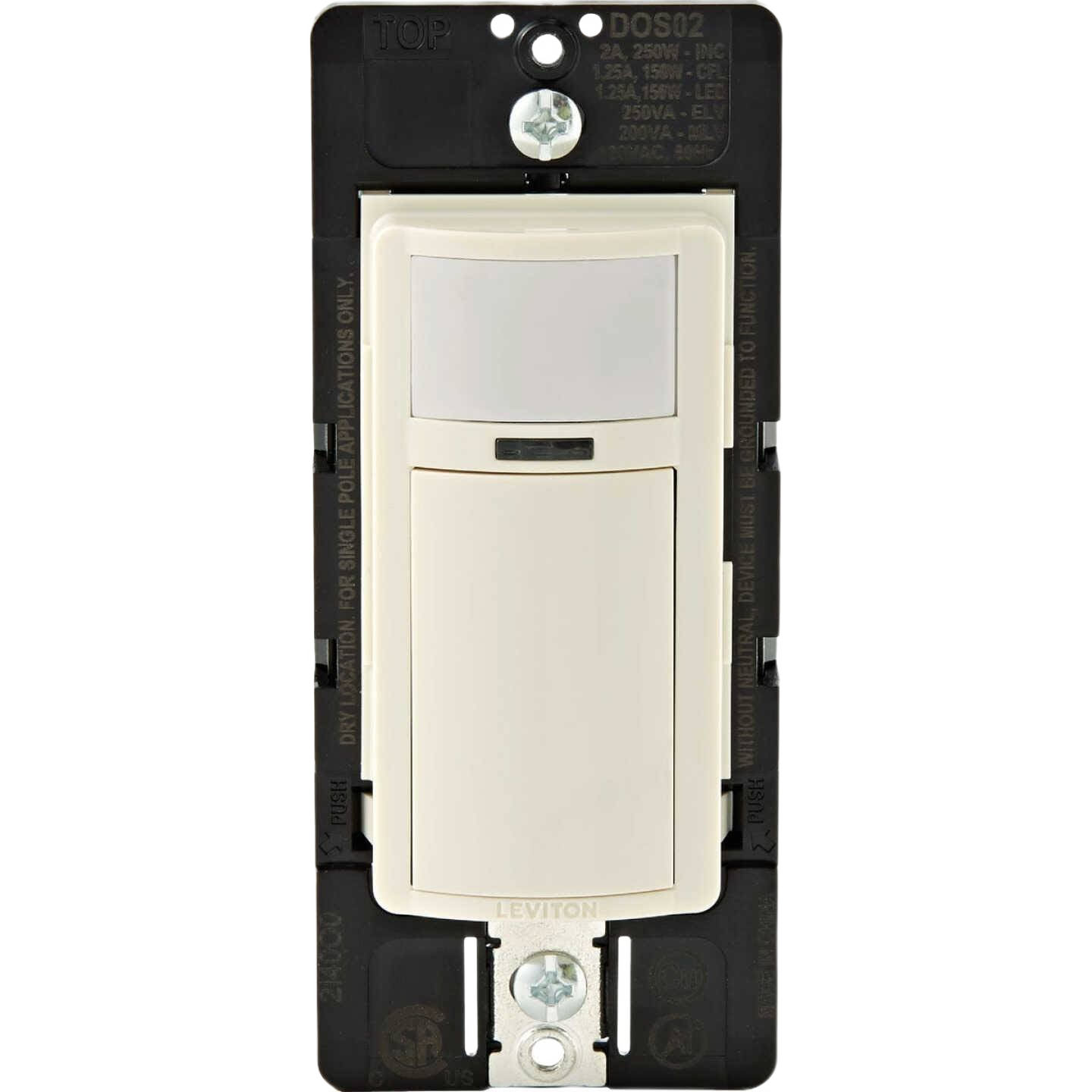 Light almond-colored motion sensor switch with rectangular sensor and rocker-style button for home improvement use