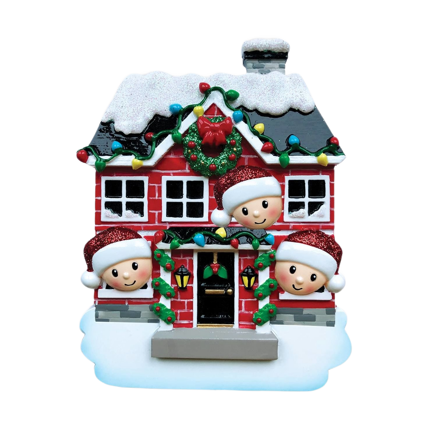 Red brick house ornament with festive wreath, colorful lights, and three smiling figures in Santa hats from Christmas collection
