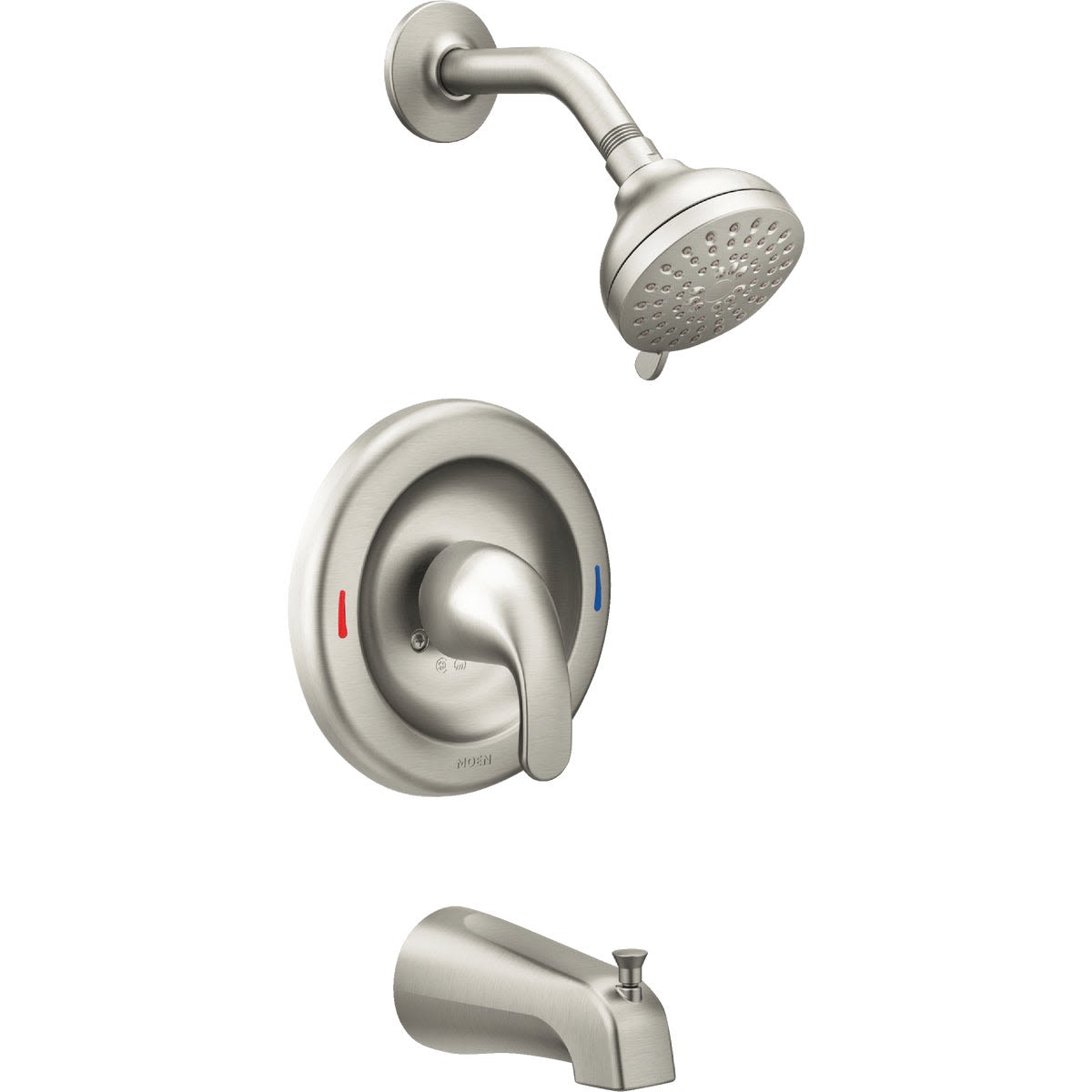 Brushed nickel shower trim set with single handle, showerhead, and tub spout for bathroom and plumbing upgrades