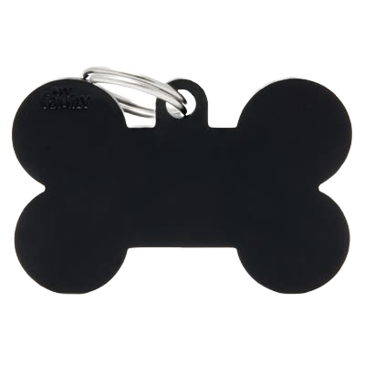 Black bone-shaped pet ID tag with metal attachment ring for secure identification purposes