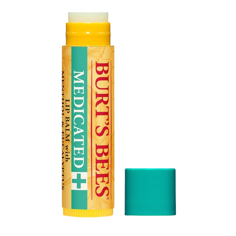 Yellow tube of medicated lip balm with teal cap removed for skin soothing and protection
