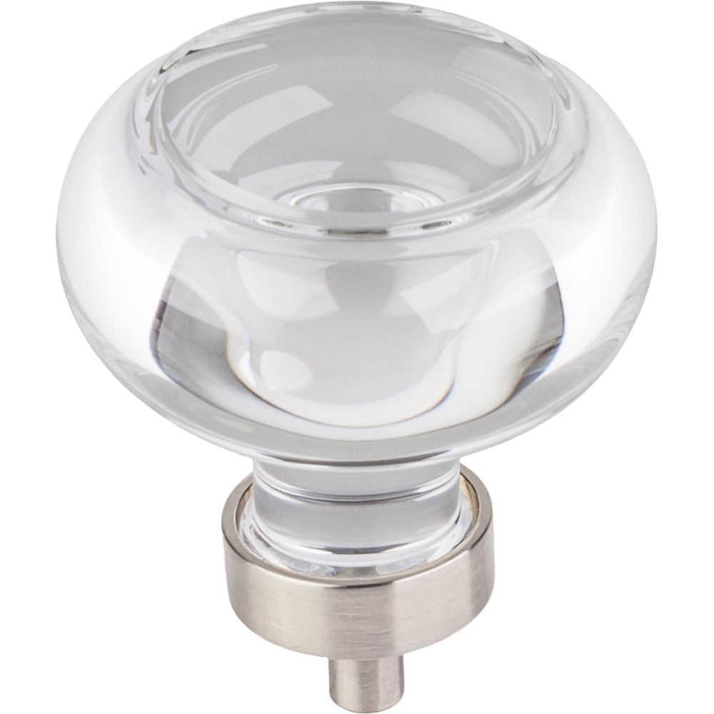 Clear glass button knob with satin nickel base for cabinet and furniture hardware in home improvement collections under $50