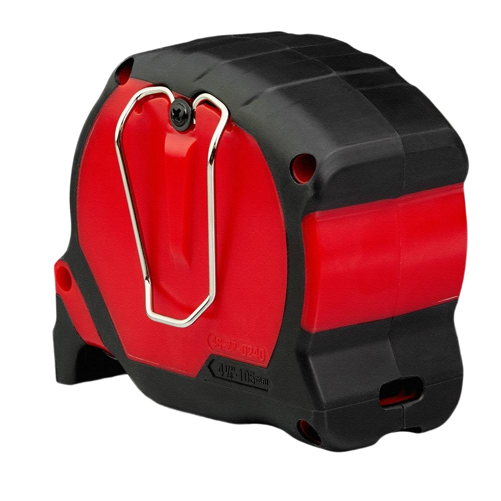 Compact red and black Milwaukee tape measure with wide blade and metal clip, ideal for woodworking and home improvement tools