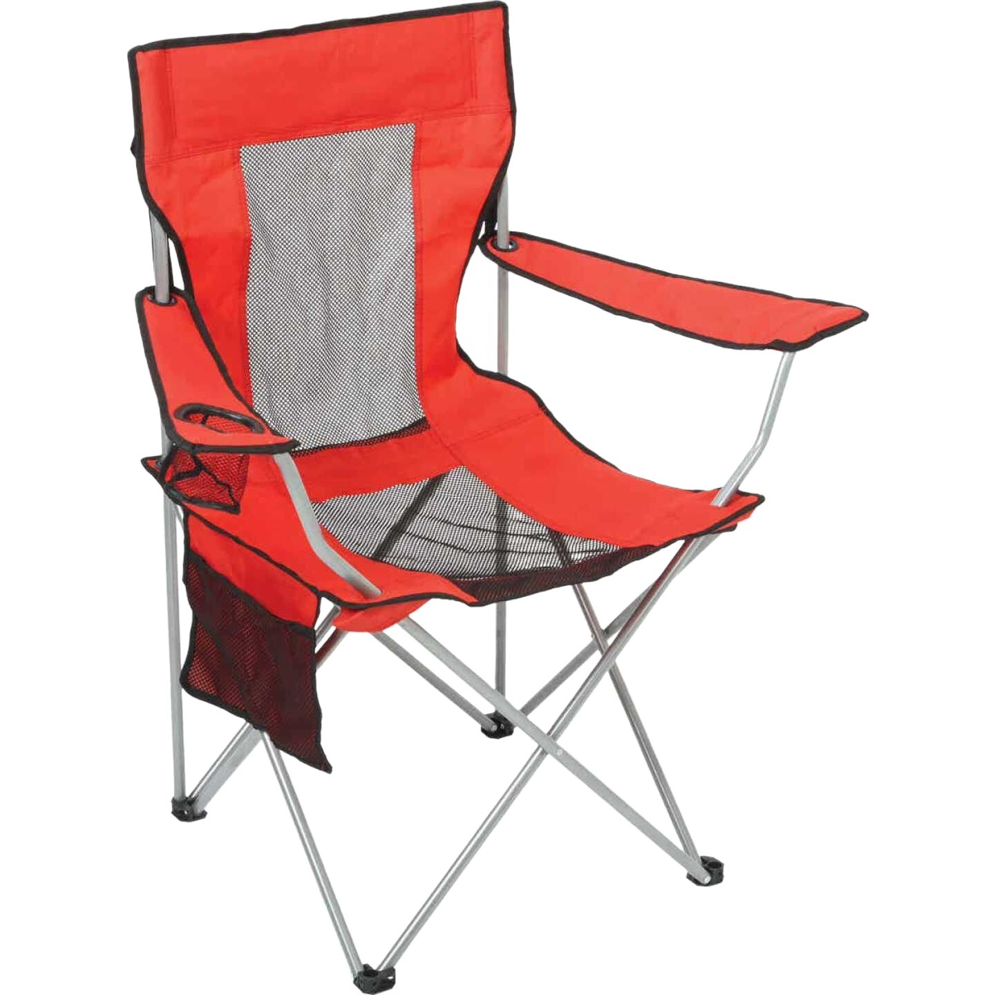 Red polyester folding chair with mesh panels and side cup holder for outdoor living and patio furniture use