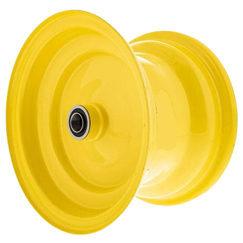Yellow steel rim with center bearing, designed for outdoor equipment and home improvement projects involving wheels and tools