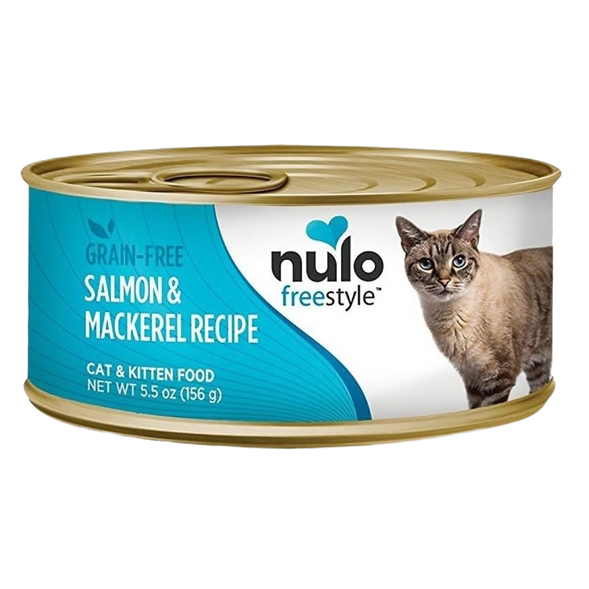 Canned cat food featuring grain-free salmon and mackerel recipe with image of a brown and white cat on label