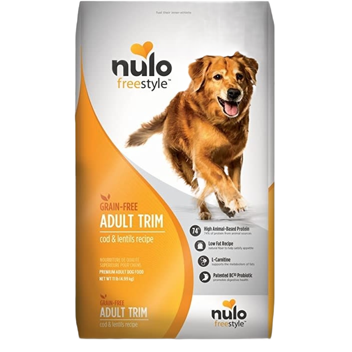 Bag of grain-free adult dog food with cod and lentils recipe featuring high protein and probiotics