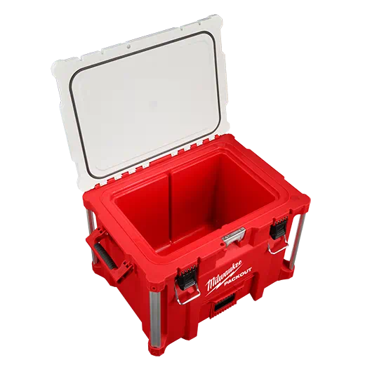 Red Milwaukee PACKOUT™ cooler with open lid showing spacious insulated interior for jobsite and workshop storage solutions