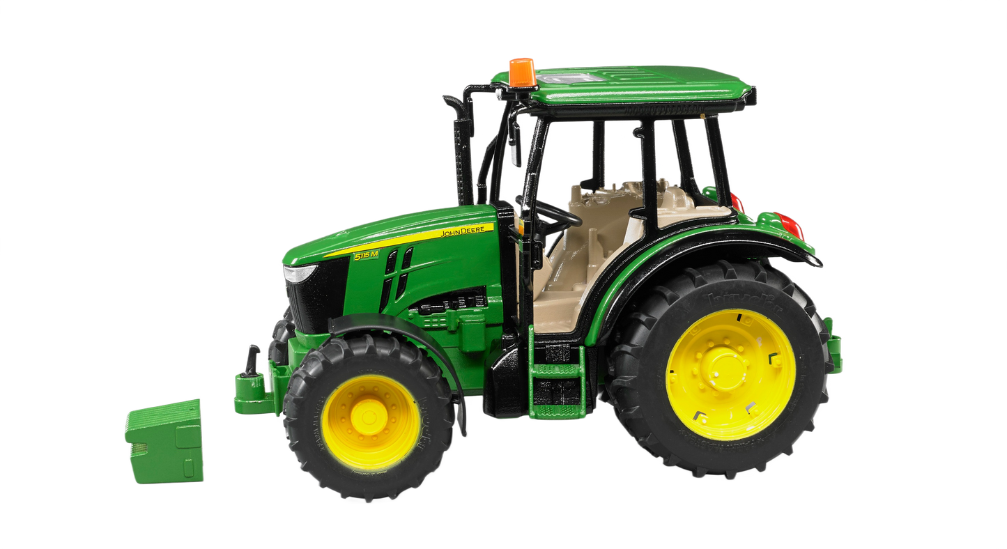 Green and yellow Bruder John Deere 5115 M tractor model with open cabin and realistic rugged tires for play or display