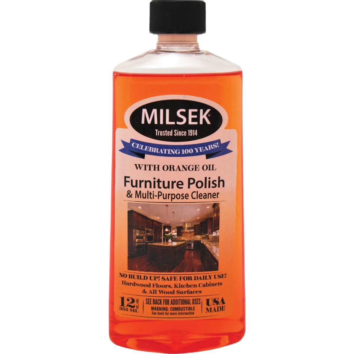 12 oz bottle of Milsek orange oil furniture polish and multi-purpose cleaner for wood surfaces in cleaning supplies collection