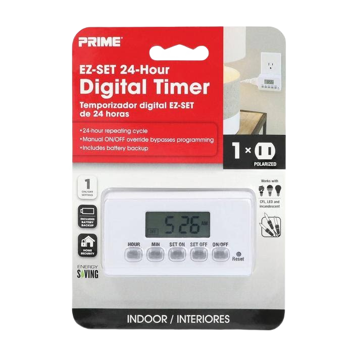 White Prime Wire & Cable EZ-Set 24-Hour Digital Timer in packaging for indoor electrical and home improvement use under $50 collections