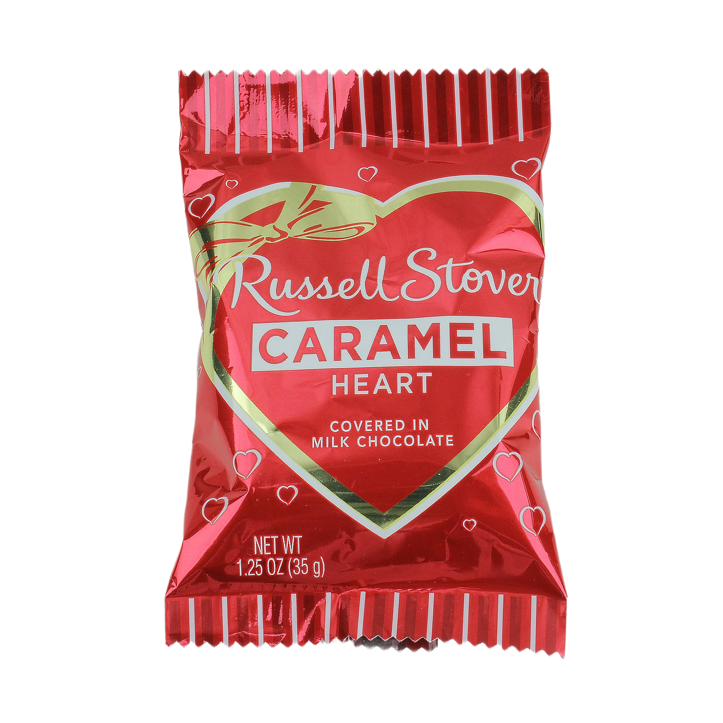 Individually wrapped milk chocolate caramel heart candy in red packaging from the Snacks and Food & Beverage collection