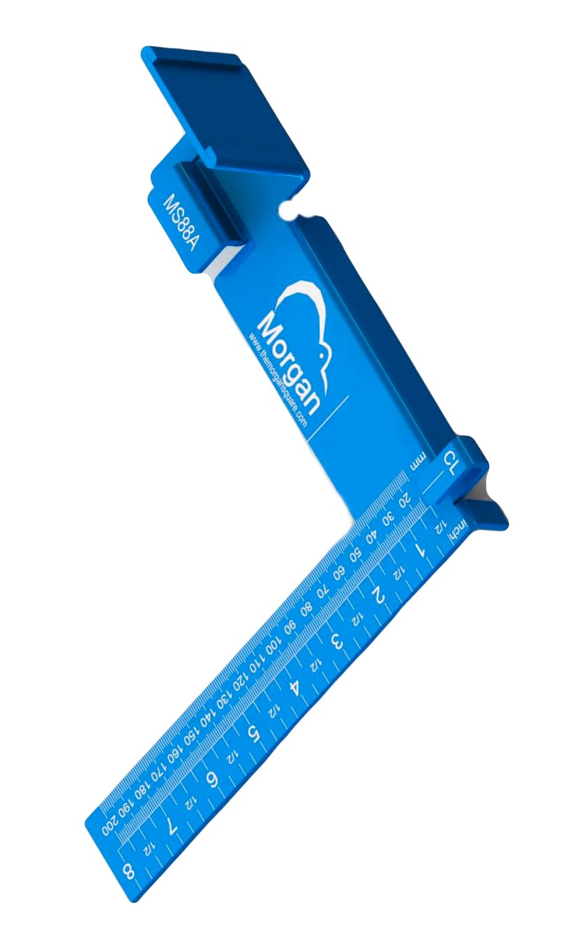 Blue anodized aluminum Morgan woodworking square with inch and metric measurements for precise woodworking projects